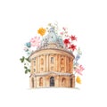 Beautiful stock illustration with hand drawn watercolor old building. Historical site Oxford Radcliffe camera. Royalty Free Stock Photo