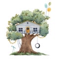 Beautiful stock illustration poster with cute watercolor children tree houses.