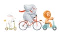 Beautiful stock illustration with watercolor hand drawn cute animals on transport. Lion with rabbit and elephant.