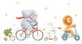 Beautiful stock illustration with watercolor hand drawn cute animals on transport. Lion rabbit turtle and elephant.