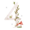 Beautiful stock illustration with watercolor hand drawn number 4 and cute mushrooms for baby clip art. Four month, years