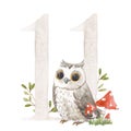 Beautiful stock illustration with watercolor hand drawn number 11 and cute owl bird for baby clip art. Eleven month