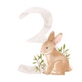 Beautiful Stock Illustration With Watercolor Hand Drawn Number 3 And Cute Rabbit Animal For Baby Clip Art. Three Month