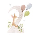 Beautiful stock illustration with watercolor hand drawn number 2 and cute rabbit animal for baby clip art. Two month
