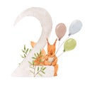 Beautiful stock illustration with watercolor hand drawn number 2 and cute squirrel animal for baby clip art. Two month
