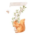 Beautiful stock illustration with watercolor hand drawn number 7 and cute squirrel animal for baby clip art. Seven month