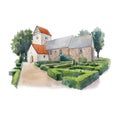 Beautiful stock illustration with hand drawn watercolor old building. Historical site church cathedral.