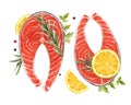 Beautiful stock illustration with watercolor tasty red salmon fish steak. healthy food.