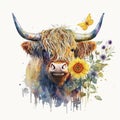 Sunflowers and Highland Cows Vibrant Watercolor - Generative AI