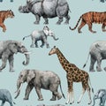 Beautiful stock seamless pattern with cute hand drawn safari giraffe elephant tiger monkey rhinoanimal pencil