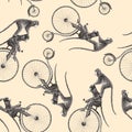 Beautiful stock seamless pattern with cute hand drawn monkey on bike pencil illustrations.