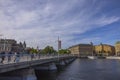 Beautiful Stockholm city landscape view. People walking on bridge over river. Old architecture buildings on background. Sweden. Royalty Free Stock Photo