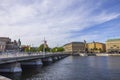 Beautiful Stockholm city landscape view. People walking on bridge over river. Sweden. Royalty Free Stock Photo