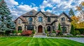 A beautiful stone home with a driveway and lawn Royalty Free Stock Photo