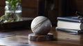 A beautiful stone paperweight sits on a polished wooden desk