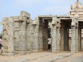 Beautiful stone pillars with god and goddess carving in Veerabhadra Hindu temple located at Lepakshi in the state of Andhra