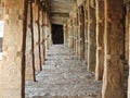 Beautiful stone pillars with god and goddess carving in Veerabhadra Hindu temple located at Lepakshi in the state of Andhra