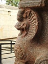 Beautiful stone pillars with god and goddess carving in Veerabhadra Hindu temple located at Lepakshi in the state of Andhra