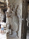 Beautiful stone pillars with god and goddess carving in Veerabhadra Hindu temple located at Lepakshi in the state of Andhra
