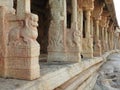 Beautiful stone pillars with god and goddess carving in Veerabhadra Hindu temple located at Lepakshi in the state of Andhra