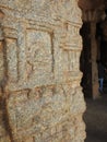 Beautiful stone pillars with god and goddess carving in Veerabhadra Hindu temple located at Lepakshi in the state of Andhra