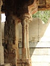 Beautiful stone pillars with god and goddess carving in Veerabhadra Hindu temple located at Lepakshi in the state of Andhra