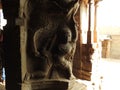 Beautiful stone pillars with god and goddess carving in Veerabhadra Hindu temple located at Lepakshi in the state of Andhra