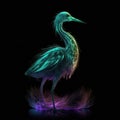 Beautiful Stork In Green Purple Fire On Black Background Dazzling And Radiant. Generative AI