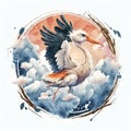 Beautiful stork over the clouds circle poster. Watercolor painting effect.