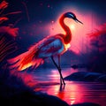 Beautiful stork in the pond at night. Digital painting. AI generated