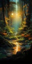 Enchanting Forest Stream: Dreamlike Illustration With Detailed Wildlife