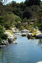 Beautiful stream lined with rocks, plants and trees and a wooden bridge at the Japanese Friendship Garden in Balboa Park