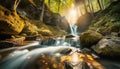 Beautiful Stream and Small Waterfall in a Green Forest - Generative Ai