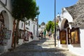 Beautiful street of Alberobello with trulli houses among green plants and flowers, main touristic district, Apulia region, Southe