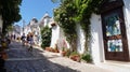 Beautiful street of Alberobello with trulli houses among green plants and flowers, main touristic district, Apulia region, Southe