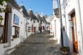 Beautiful street of Alberobello with trulli houses among green plants and flowers, main touristic district, Apulia region, Souther