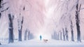 Beautiful street background of dog and human in winter covered with trees Royalty Free Stock Photo