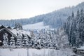 Beautiful street in Bukovel in winter, the theme of mountain sports