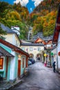 Beautiful street in Hallstatt village in Austrian Alps. Autumn l