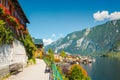 Beautiful street in Hallstatt village in Austrian Alps.