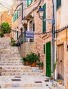 Beautiful street in old village Banyalbufar on Majorca island, Spain