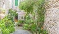 Beautiful street in Valldemossa with traditional flower decoration, famous old mediterranean village of Majorca. Balearic island Royalty Free Stock Photo