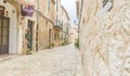 Beautiful street in Valldemossa with traditional flower decoration, famous old mediterranean village of Majorca. Balearic island Royalty Free Stock Photo