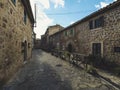 Beautiful street in Valldemossa with traditional flower decoration, famous old mediterranean village of Majorca Spain