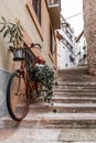 Beautiful streets of Girona old town with ancient buildings and cobblestone stairways, Spain Royalty Free Stock Photo