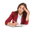 Beautiful stressed businesswoman with headache on white background