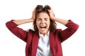 Beautiful stressed businesswoman on white background