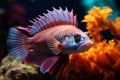 Beautiful striped colorful sea fish live in an aquarium among various algae and corals. Royalty Free Stock Photo