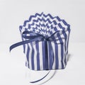 Beautiful striped packing bag tied with a blue ribbon with a bow. Gift wrap. Nice gift, surprise. Royalty Free Stock Photo
