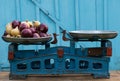 Beautiful strong heads of white and red onions on a bowl of old scales of the Soviet period against a blurred background. Royalty Free Stock Photo